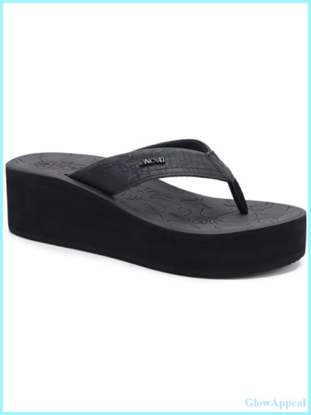 Platform Wedge Flip Flops with Faux Leather Straps and Rubber Soles